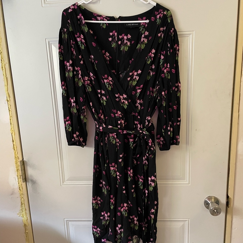 Lane Bryant Black and Pink Wrap Shorts Romper with Bishop Sleeves